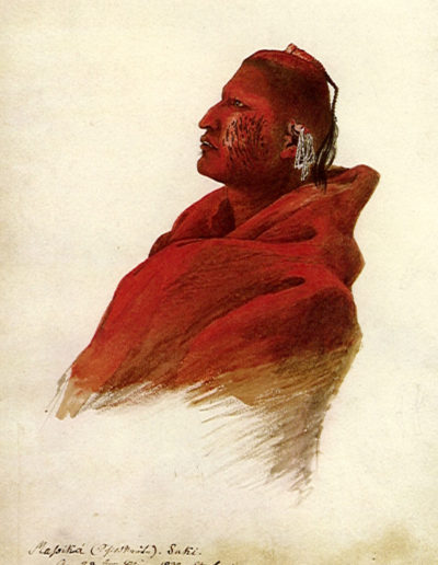 Massika, Sauk-Indianer, Wasserfarbe auf Papier, 12 x 8 3/8. Bild von Karl Bodmer, Joslyn Art Museum, Omaha – USA