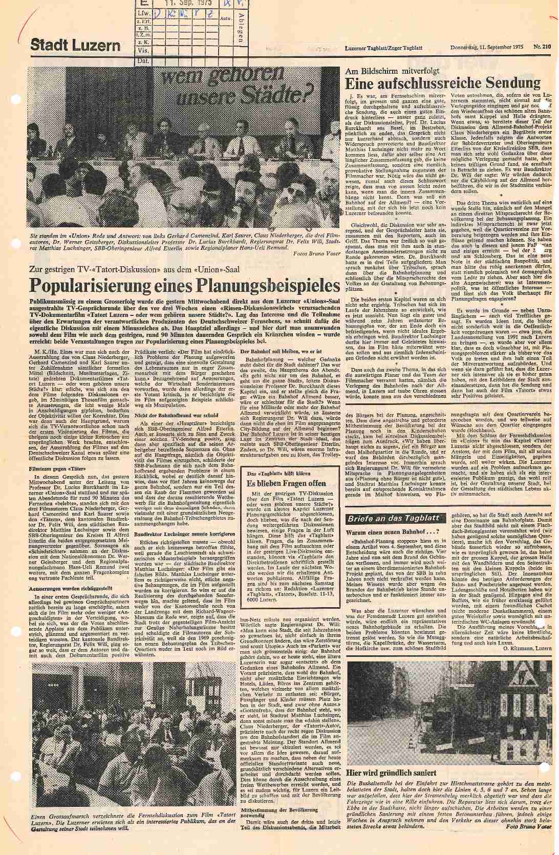 Presseschau Luzern 1975 – Zeitungsartikel zur Stadtentwicklung Zeitungsberichte zur Film- und Podiumsdiskussion Luzern 1975